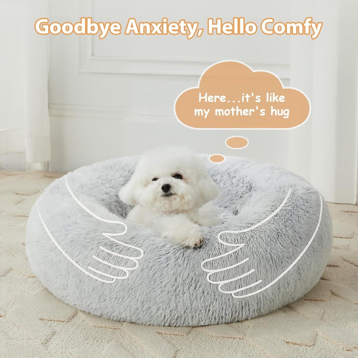 Calming Faux Fur Donut Pet Bed - Self-Warming Round Plush Dog and Cat Bed (24 x 24 Inch, Light Grey)