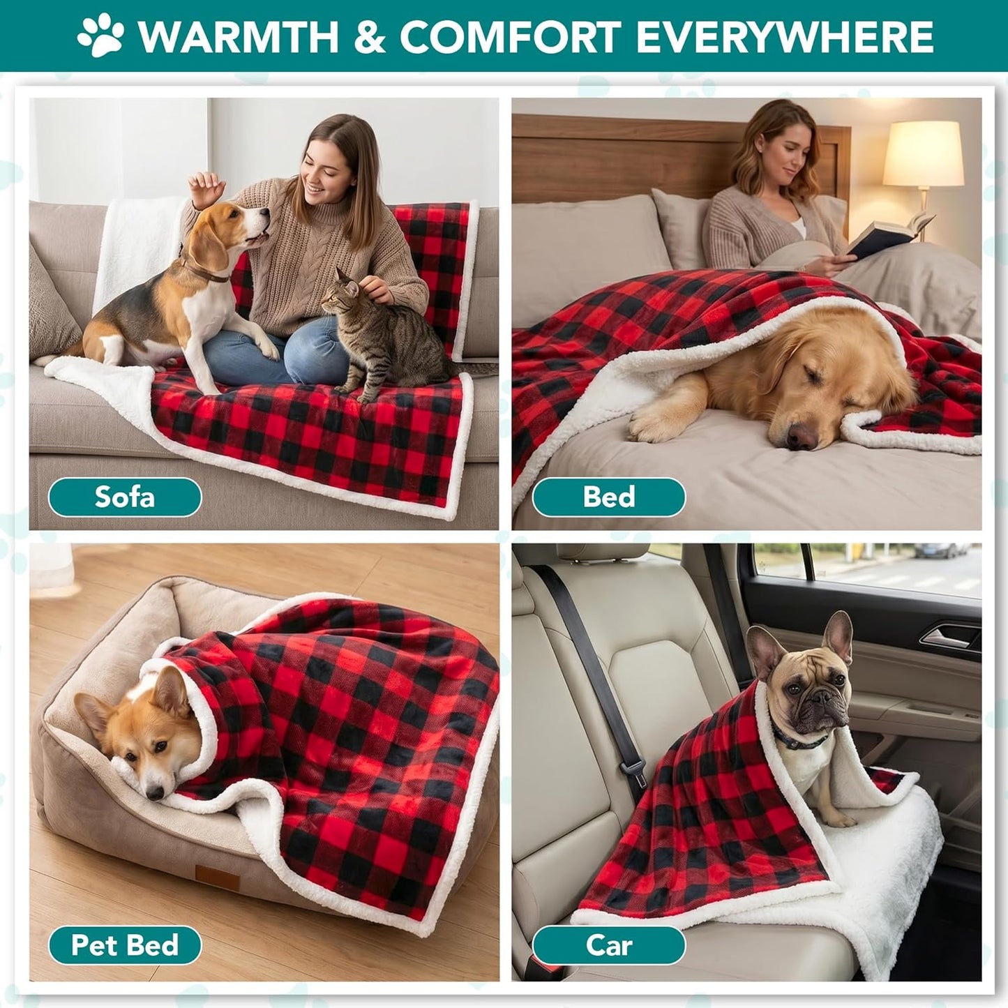 Medium to Large Dog Blanket, Reversible Soft Sherpa Fleece Pet Bed Cover for Cats and Puppies, Washable Couch and Car Protector, 40x60 Red Checker Design