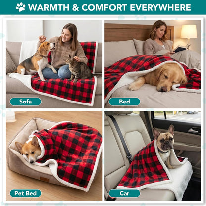 Medium to Large Dog Blanket, Reversible Soft Sherpa Fleece Pet Bed Cover for Cats and Puppies, Washable Couch and Car Protector, 40x60 Red Checker Design