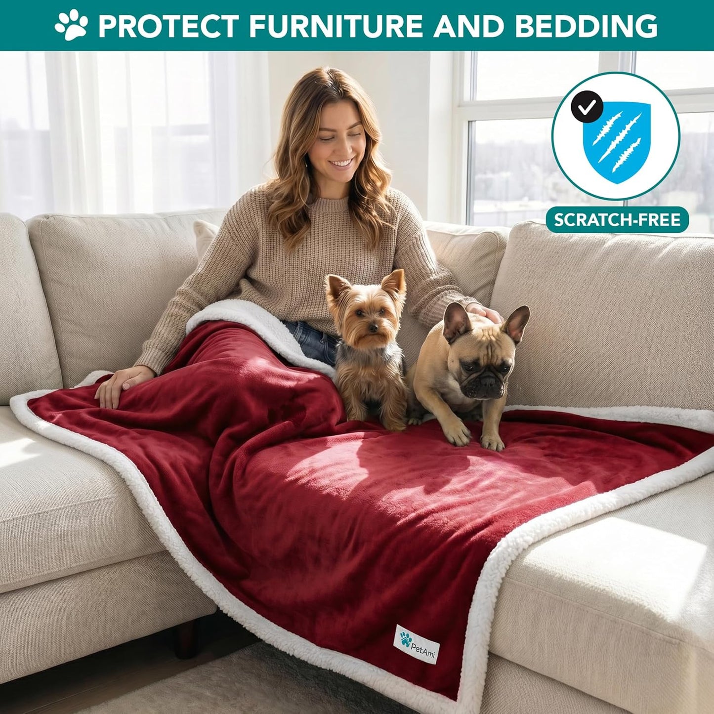 Premium Reversible Fleece Dog Blanket for Small to Medium Pets, Soft Sherpa Throw for Couch and Car Protection, Washable Mini Size 29x40 in Maroon Red