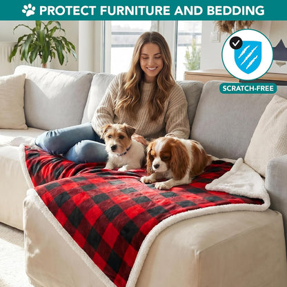 Medium to Large Dog Blanket, Reversible Soft Sherpa Fleece Pet Bed Cover for Cats and Puppies, Washable Couch and Car Protector, 40x60 Red Checker Design