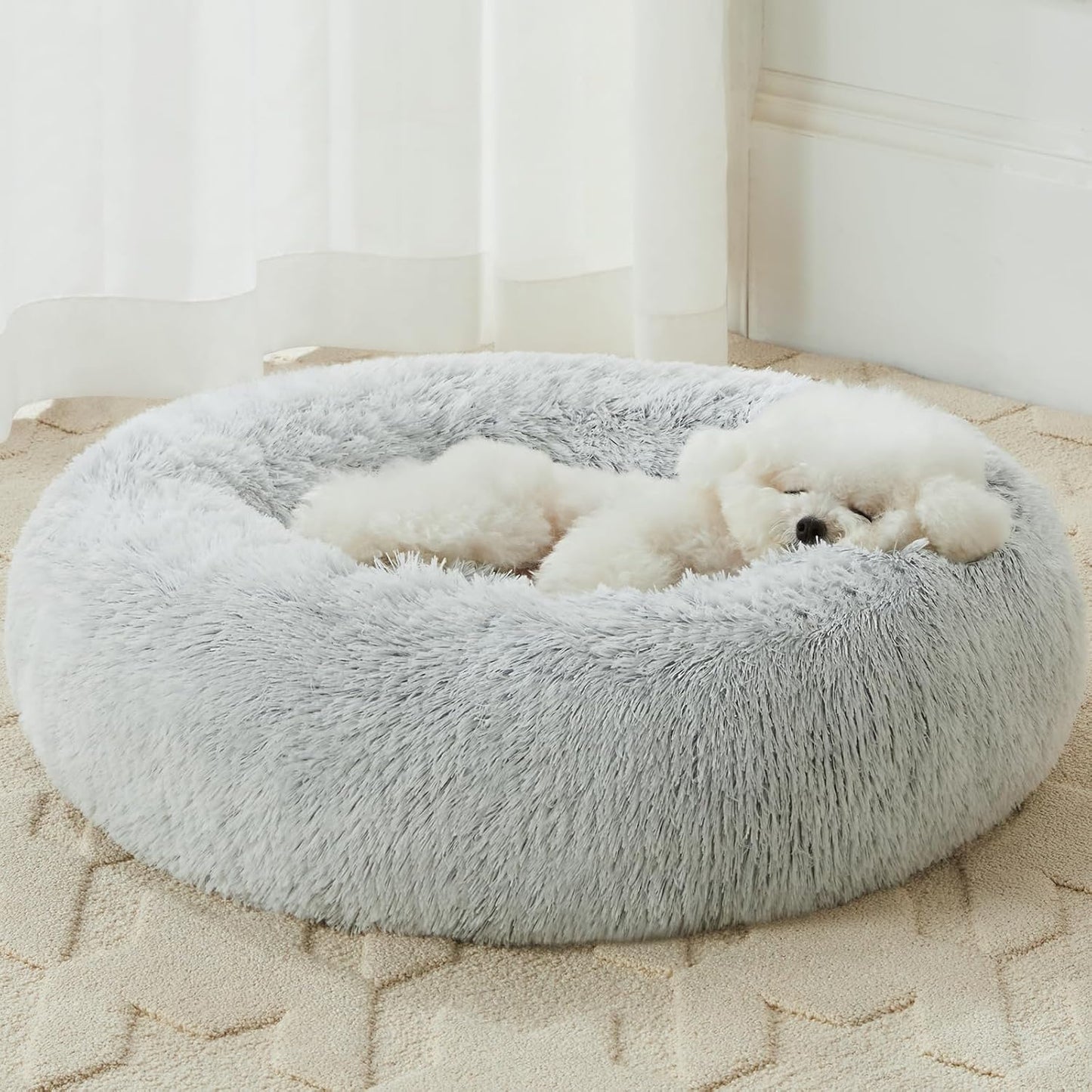 Calming Faux Fur Donut Pet Bed - Self-Warming Round Plush Dog and Cat Bed (24 x 24 Inch, Light Grey)