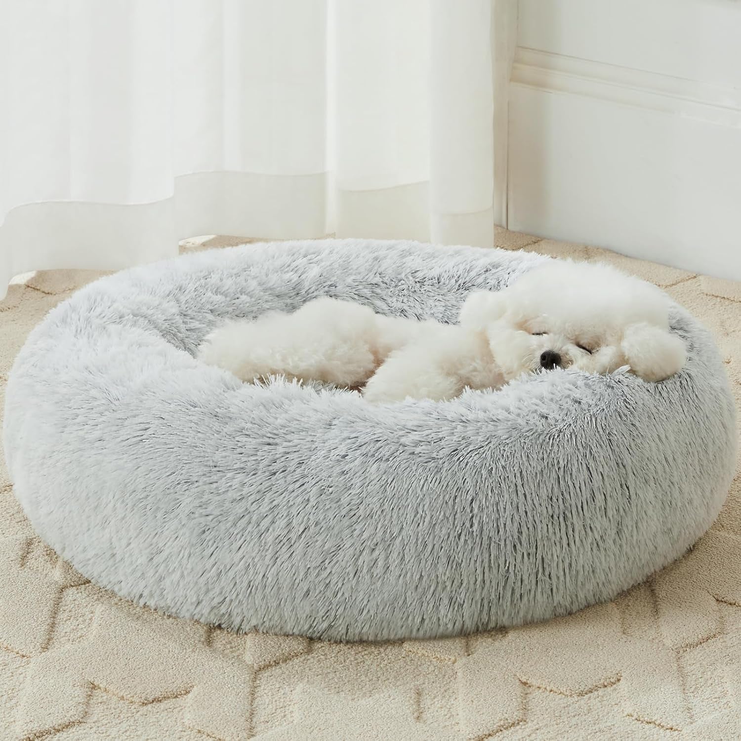 Calming Faux Fur Donut Pet Bed - Self-Warming Round Plush Dog and Cat Bed (24 x 24 Inch, Light Grey)