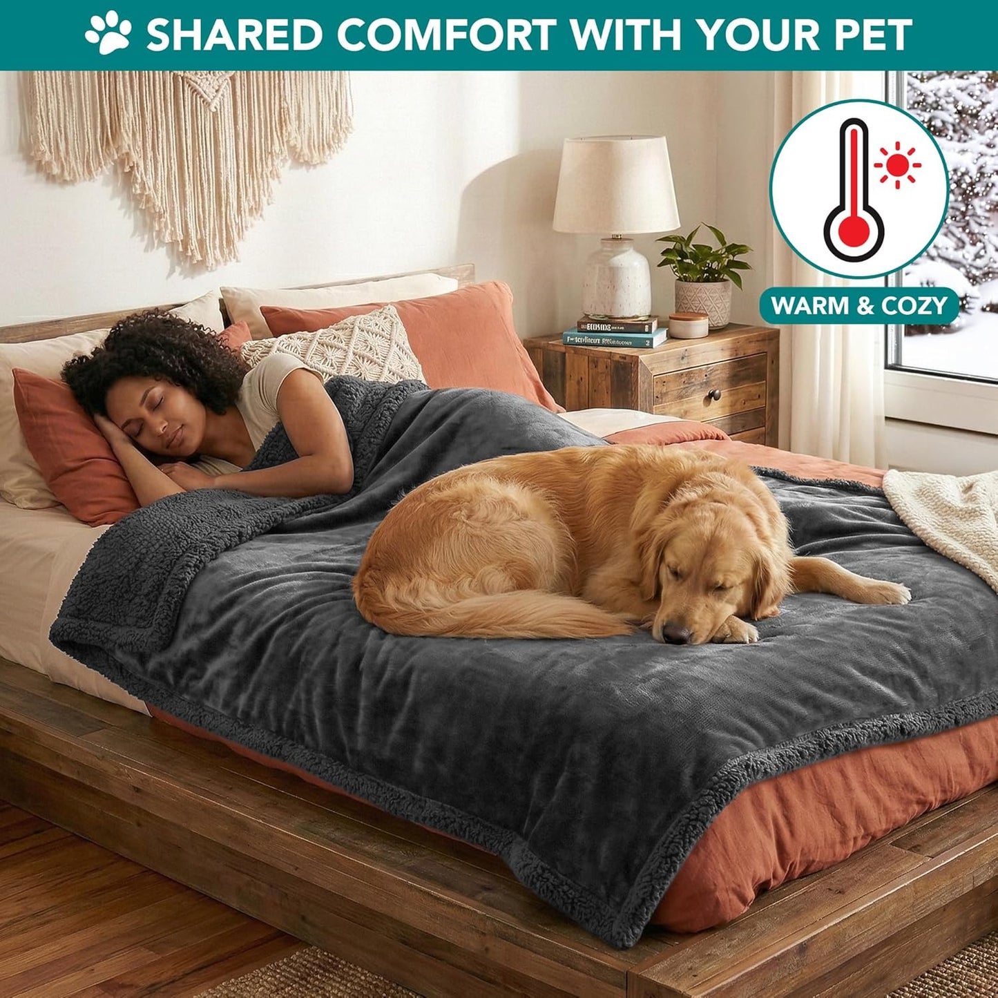 Extra-Large Dog Blanket for Bed - Soft Reversible Fleece and Sherpa Furniture Protector for Large Dogs and Cats, Washable Twin Size 60x80 in Solid Dark Gray
