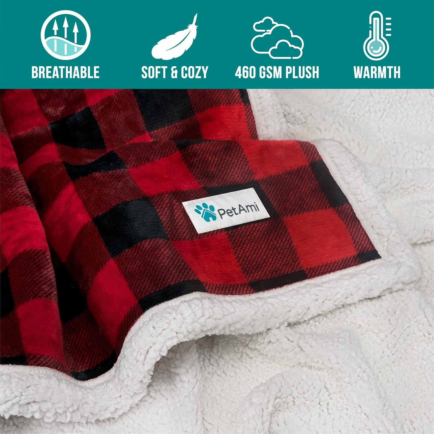 Medium to Large Dog Blanket, Reversible Soft Sherpa Fleece Pet Bed Cover for Cats and Puppies, Washable Couch and Car Protector, 40x60 Red Checker Design