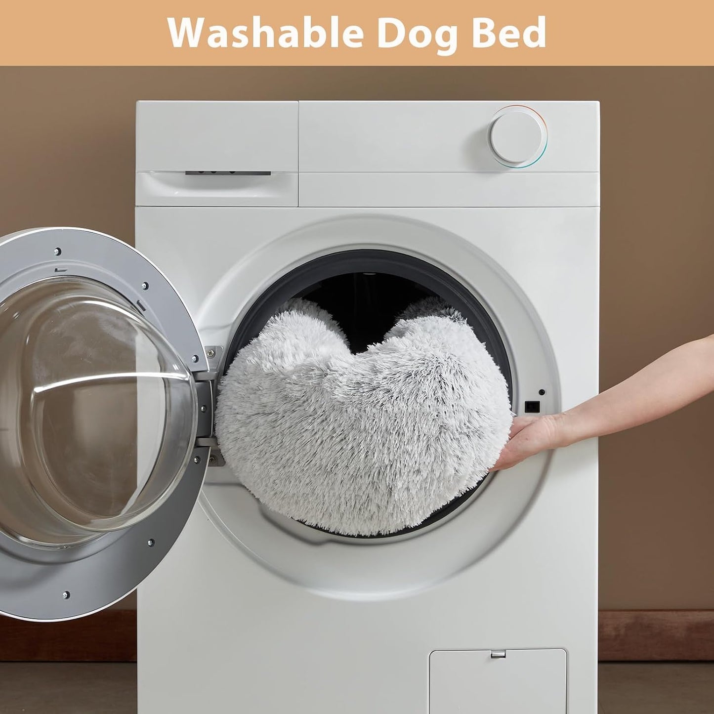 Calming Faux Fur Donut Pet Bed - Self-Warming Round Plush Dog and Cat Bed (24 x 24 Inch, Light Grey)