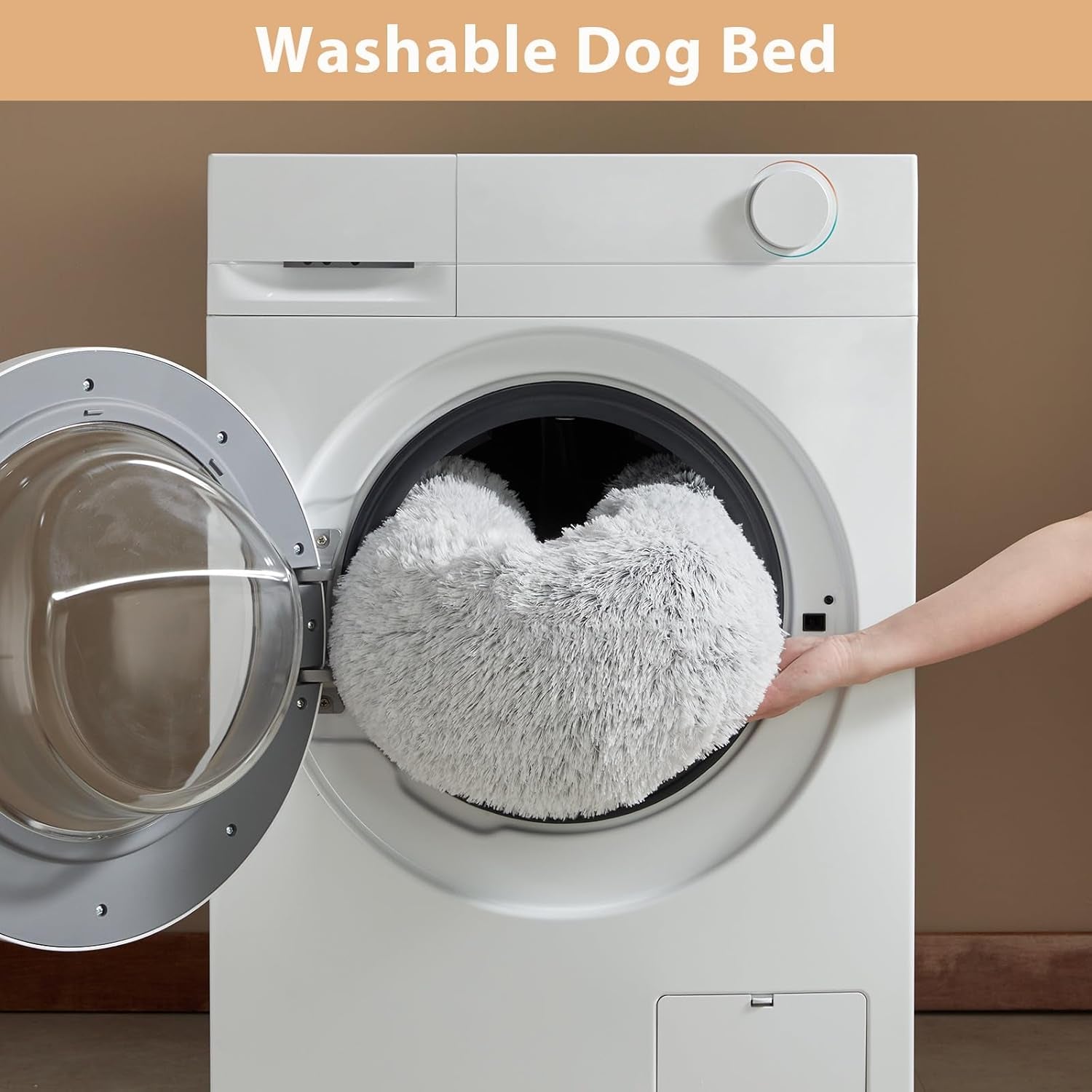 Calming Faux Fur Donut Pet Bed - Self-Warming Round Plush Dog and Cat Bed (24 x 24 Inch, Light Grey)