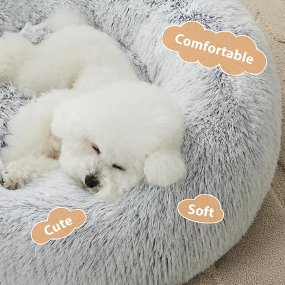 Calming Faux Fur Donut Pet Bed - Self-Warming Round Plush Dog and Cat Bed (24 x 24 Inch, Light Grey)