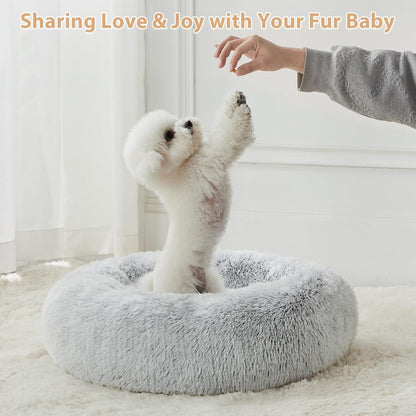 Calming Faux Fur Donut Pet Bed - Self-Warming Round Plush Dog and Cat Bed (24 x 24 Inch, Light Grey)
