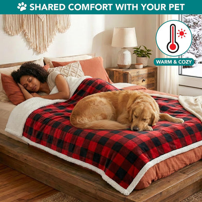 Medium to Large Dog Blanket, Reversible Soft Sherpa Fleece Pet Bed Cover for Cats and Puppies, Washable Couch and Car Protector, 40x60 Red Checker Design