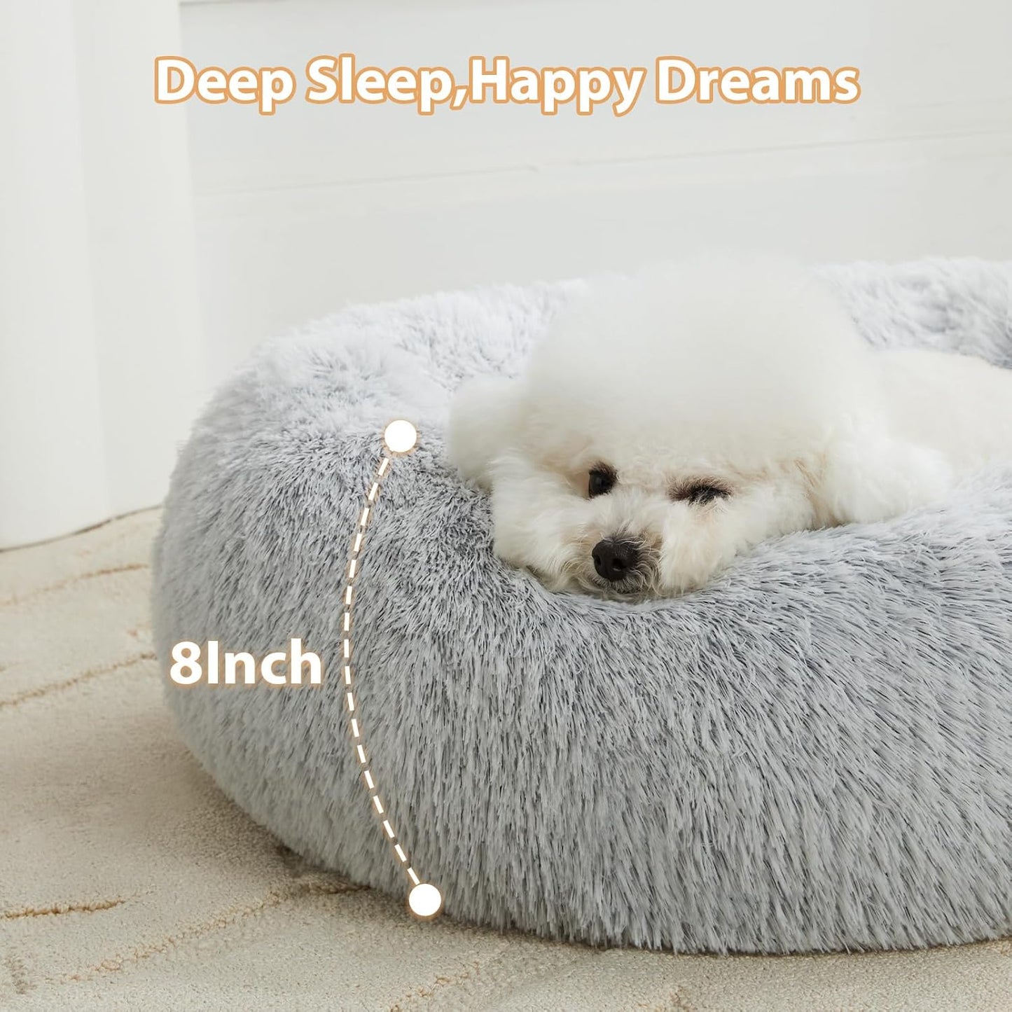 Calming Faux Fur Donut Pet Bed - Self-Warming Round Plush Dog and Cat Bed (24 x 24 Inch, Light Grey)