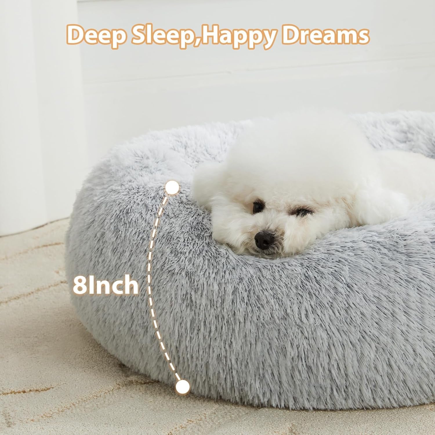 Calming Faux Fur Donut Pet Bed - Self-Warming Round Plush Dog and Cat Bed (24 x 24 Inch, Light Grey)