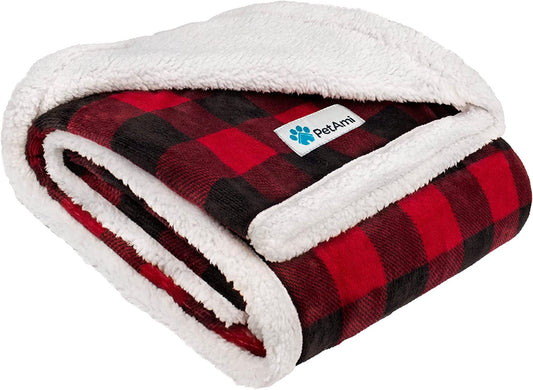 Medium to Large Dog Blanket, Reversible Soft Sherpa Fleece Pet Bed Cover for Cats and Puppies, Washable Couch and Car Protector, 40x60 Red Checker Design