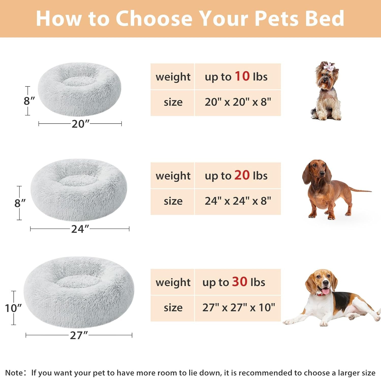 Calming Faux Fur Donut Pet Bed - Self-Warming Round Plush Dog and Cat Bed (24 x 24 Inch, Light Grey)
